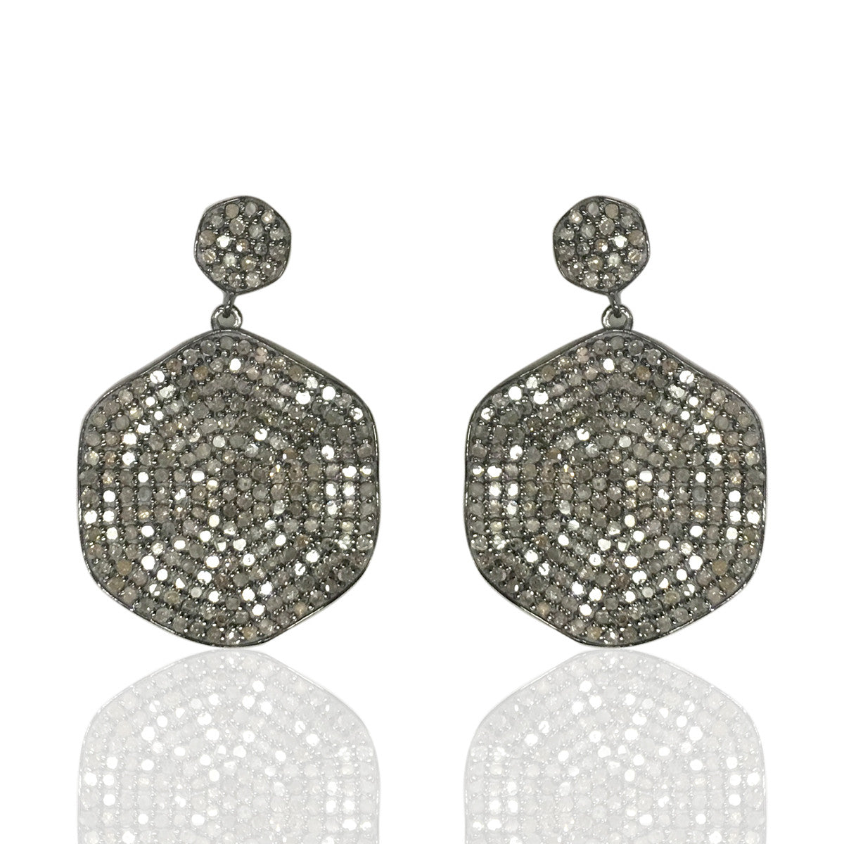 Hexagon Diamond Silver Earring .925 Oxidized Sterling Silver Diamond Earring, Genuine handmade pave diamond Earring Size 1.40"(35 MM )