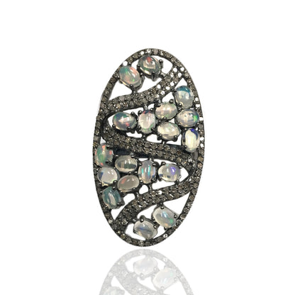 Oval Designer Diamond And Ethopian Opal Ring,Pave Diamond Ring,Diamond Ring,Pave Ring, Statement Ring, Oxidised Silver