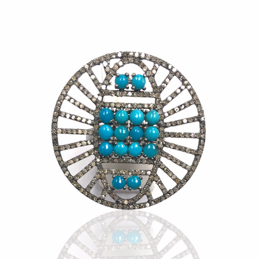 Round Shape Diamond And Natural Sleeping Beauty Turquoise Rings Pave Diamond Ring,Diamond Ring,Pave Ring, Statement Ring, Oxidized Silver