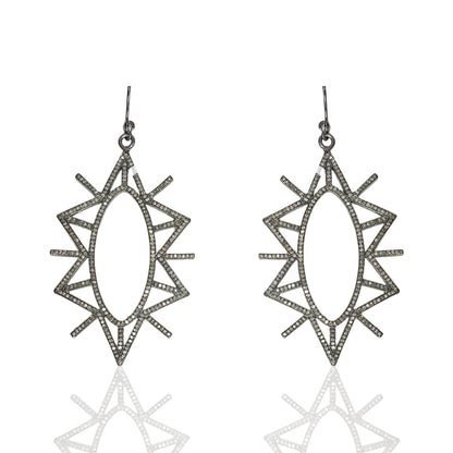 Diamond Art Deco Diamond Earring, Pave Diamond Earring, Pave Art Deco Earring, Appx 52 x 23mm. Sterling Silver