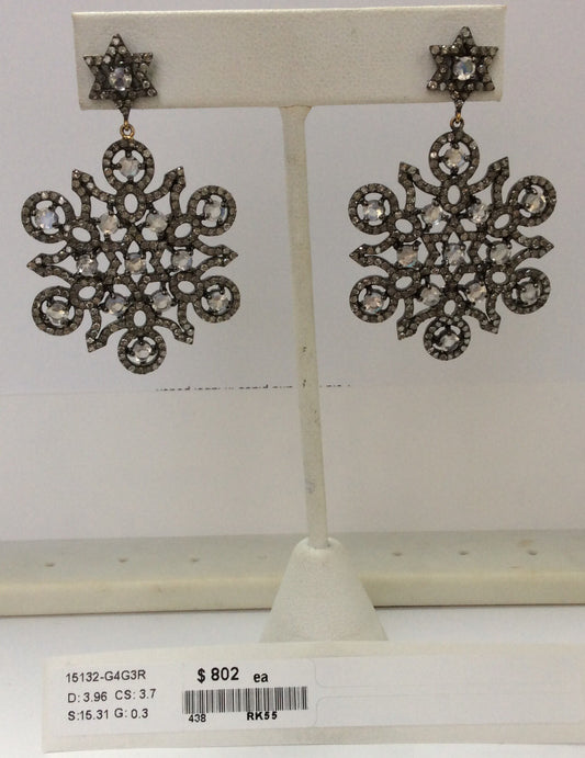 Diamond and White Rainbow Moon Stone Silver Earrings