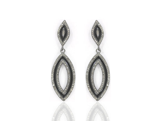 Diamond Art Deco Dual Oval Diamond Earring, Pave Diamond Earring,Pave Art Deco Earring, Approx 43 x 11mm. Sterling Silver