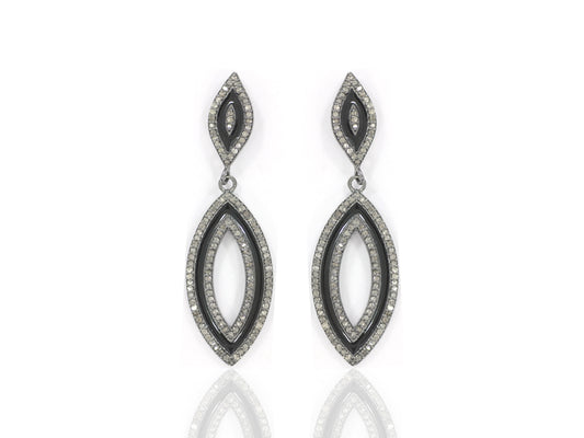 Diamond Art Deco Dual Oval Diamond Earring, Pave Diamond Earring,Pave Art Deco Earring, Approx 43 x 11mm. Sterling Silver