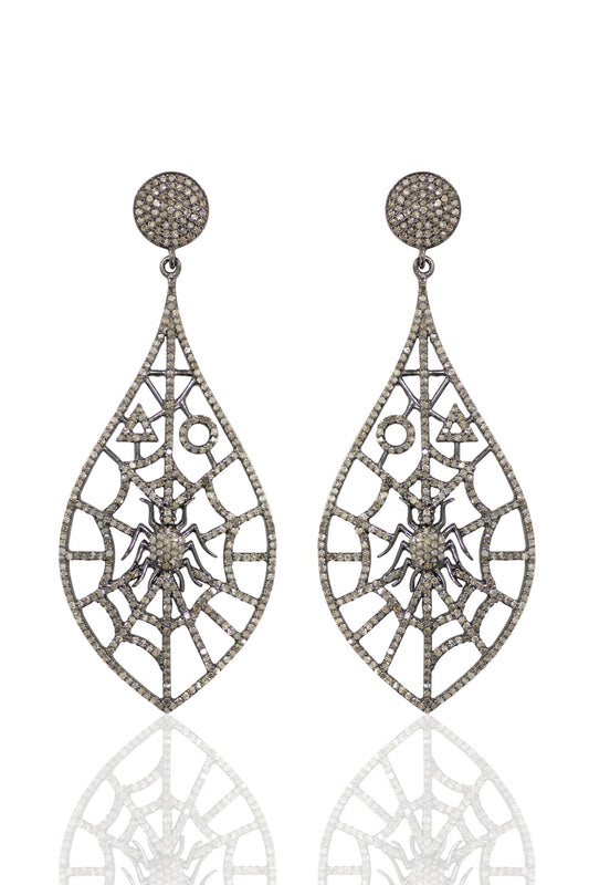 Spider Diamond Silver Earring .925 Oxidized Sterling Silver Diamond Earring, Genuine handmade pave diamond Earring Size 2.76"(29 x 69 MM )