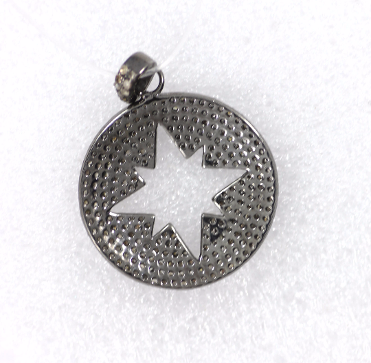Star on Disc Diamond Necklace .925 Oxidized Sterling Silver Diamond Necklace, Genuine handmade pave diamond Necklace Size Approx 1.40"(25 x 35 MM)