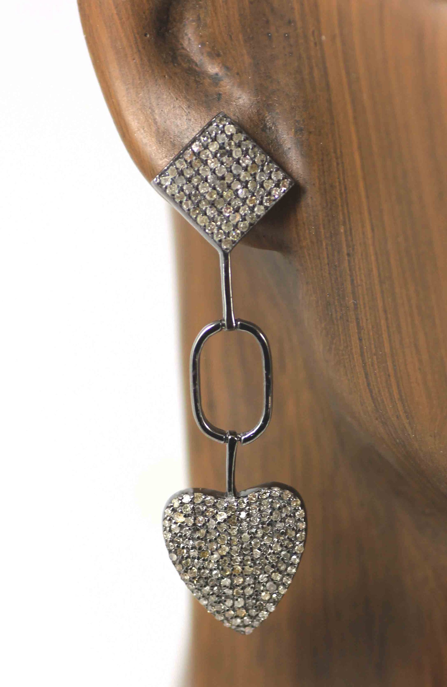 Heart shape Diamond Silver Earring .925 Oxidized Sterling Silver Diamond Earring, Genuine handmade pave diamond Earring Size 2.00"(14 x 50 MM )