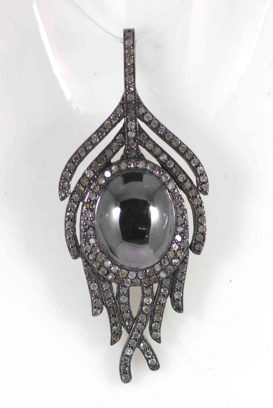 Leaf shape Pave Diamond Pendants .925 Oxidized Sterling Silver Diamond Pendants, Genuine handmade pave diamond Pendants Size 53 x 24 mm