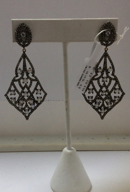 Diamond and Silver White Rainbow Moon Stone Black Rhodium Finish Earrings