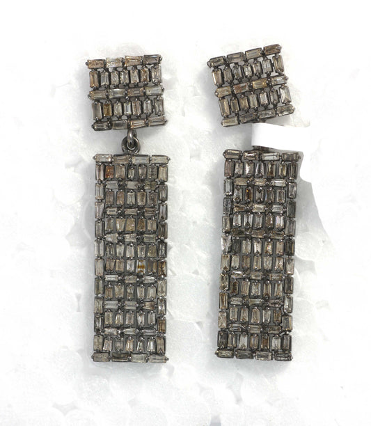 Rectangle shape Diamond Silver Earring .925 Oxidized Sterling Silver Diamond Earring, Genuine handmade pave diamond Earring.