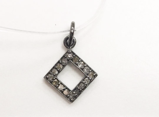 Open Square Shape Diamond Silver Charm, 11mm Fine Natural Diamonds and Silver