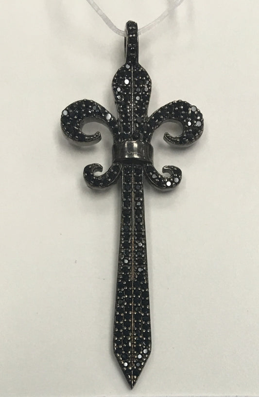 Sword Shape Black Spinel Silver Charm, Pave Black Spinel ,Approx 2.16'' ( 20 x 54 mm) Oxidized Silver, Silver ,Black Spinel