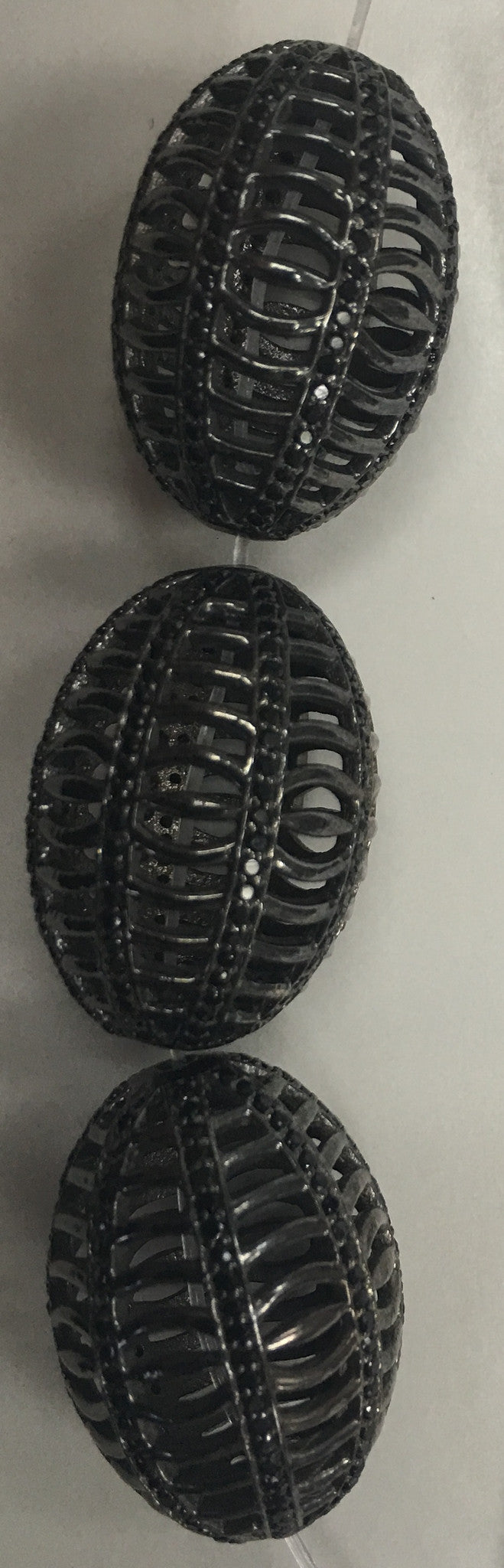 Long Fat Oval Shape Filgree Black Spinel Pave Silver Beads
