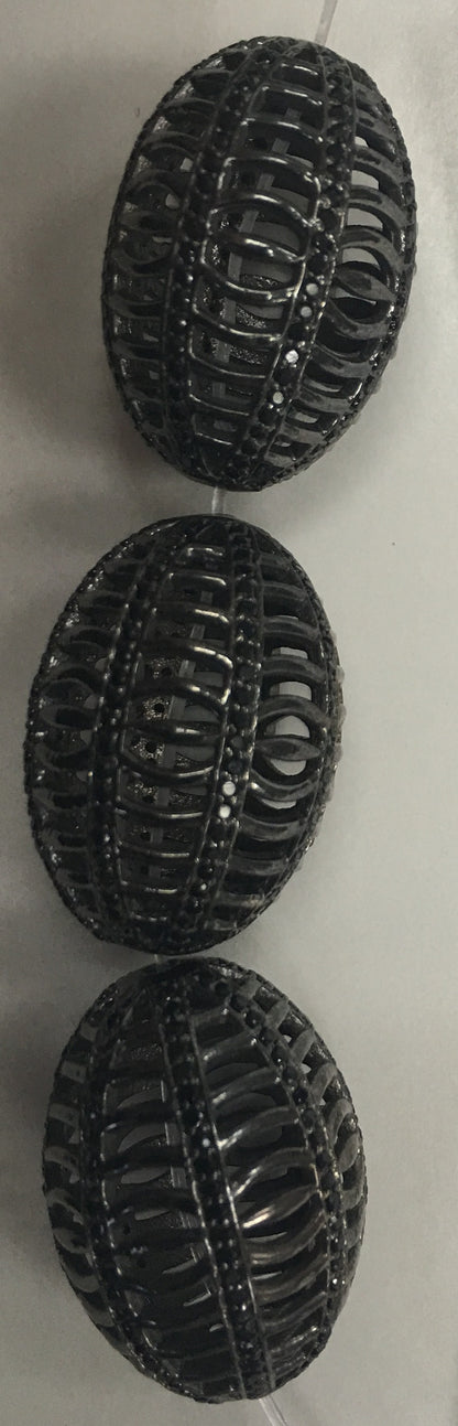 Long Fat Oval Shape Filgree Black Spinel Pave Silver Beads