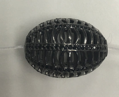 Long Fat Oval Shape Filgree Black Spinel Pave Silver Beads