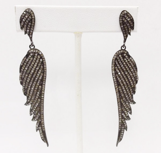 Wings Diamond Earrings .925 Oxidized Sterling Silver Diamond Earring, Genuine handmade pave diamond Earring Size 3.12"(15 x 78 MM )