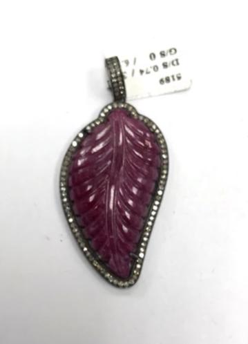 Natural Ruby Carving Leaf and Diamond Pendant