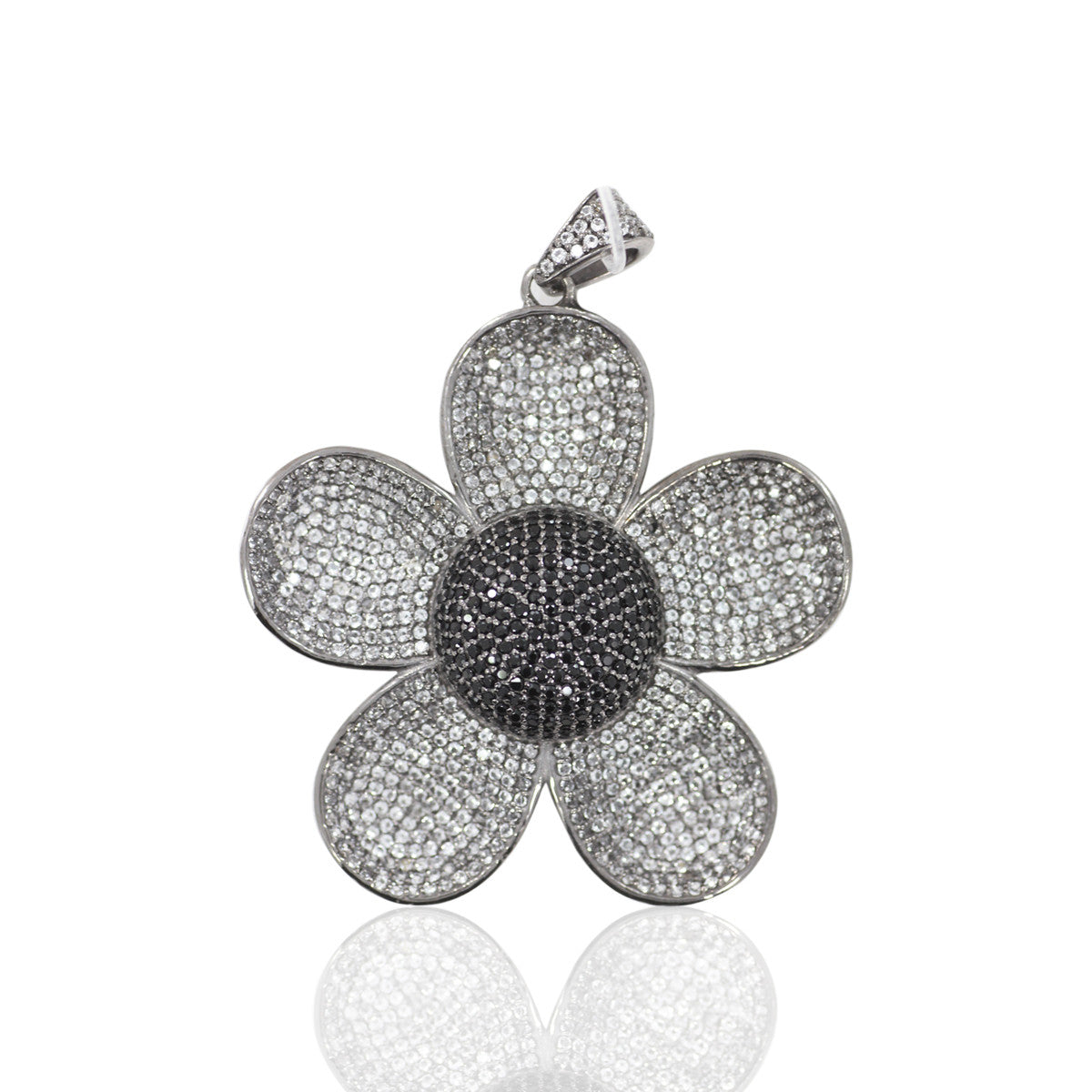 Flowers White Topaz/Black Spinel Charm, Pave Black Spinel ,Approx 1.76'' ( 44 x 44 mm) Oxidized Silver, Silver ,Black Spinel/White Topaz