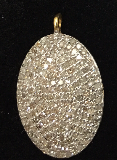 14K Solid Gold Oval Disk Diamond Pendants. pave diamond Pendant.