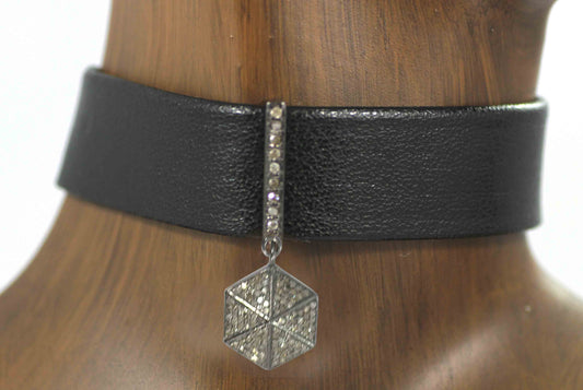 Leather Choker Necklaces With Pave Diamond. 925 Oxidized Sterling Silver Diamond necklaces, Genuine handmade pave diamond necklaces.
