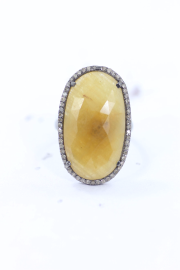 Yellow Sapphire Stone Glorious And Awesome Ring Diamond and Silver Black Rhodium Finish