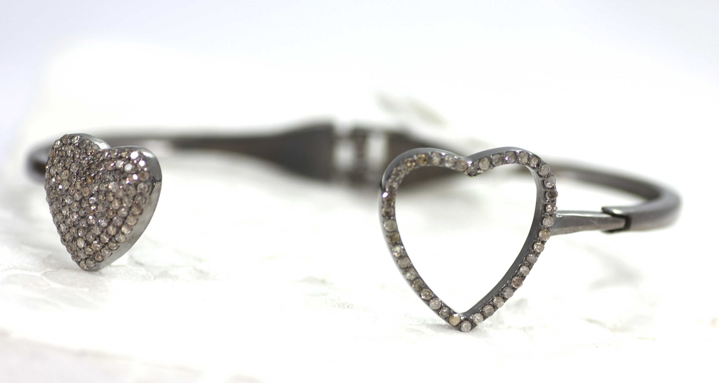 Heart Diamond Silver Bracelet .925 Oxidized Sterling Silver Diamond Bracelet, Genuine handmade pave diamond Bracelet.