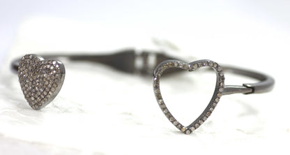 Heart Diamond Silver Bracelet .925 Oxidized Sterling Silver Diamond Bracelet, Genuine handmade pave diamond Bracelet.