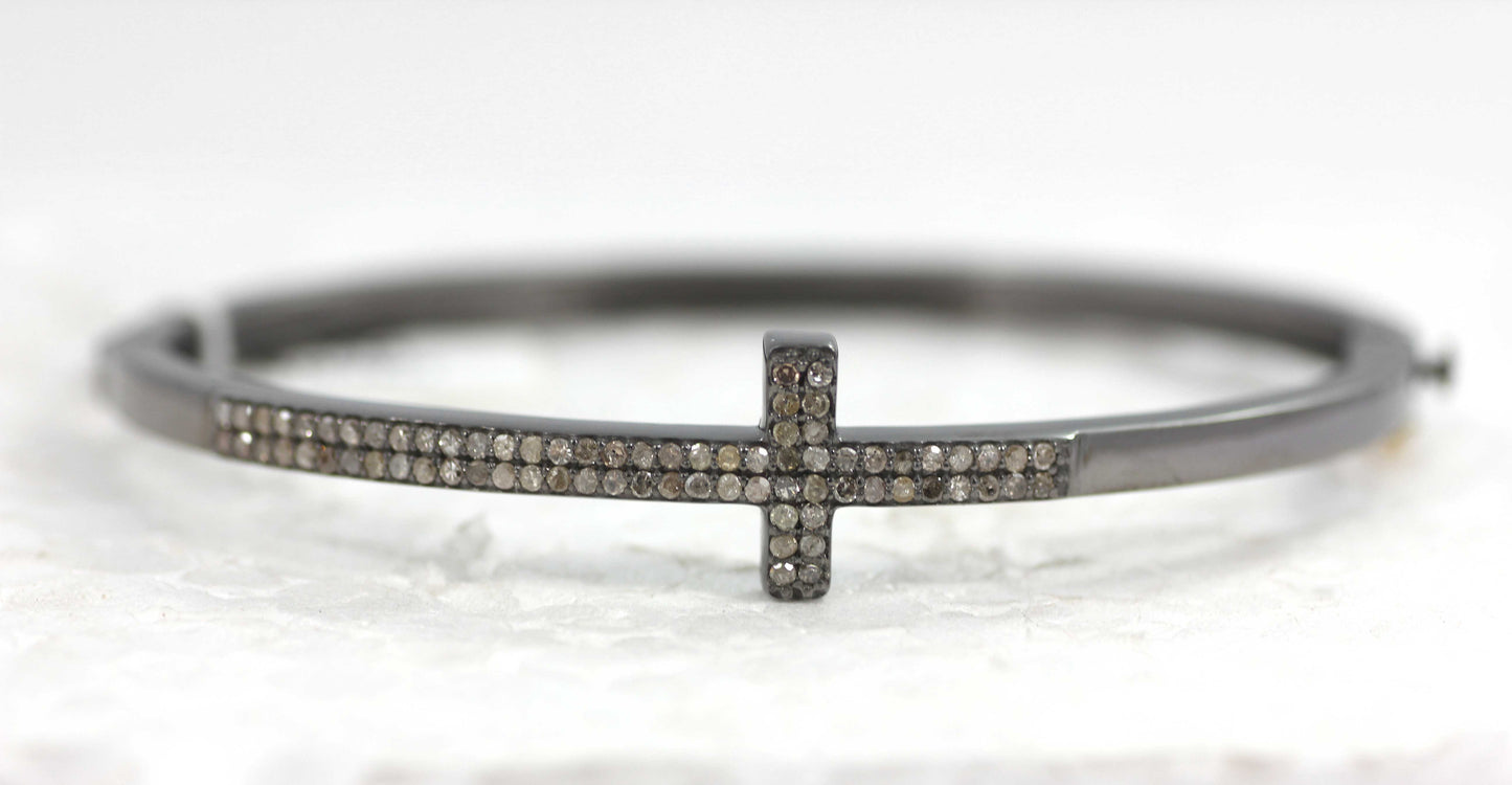 Cross Diamond Silver Bracelet .925 Oxidized Sterling Silver Diamond Bracelet, Genuine handmade pave diamond Bracelet.