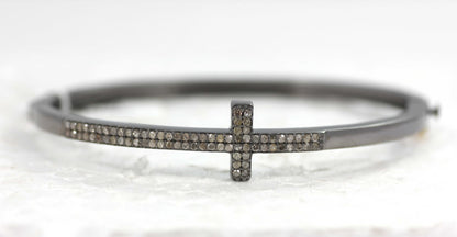 Cross Diamond Silver Bracelet .925 Oxidized Sterling Silver Diamond Bracelet, Genuine handmade pave diamond Bracelet.