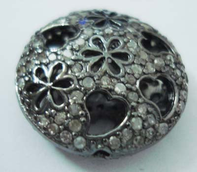 Coin Shape Filigree Designs Silver Pave Diamond Beads