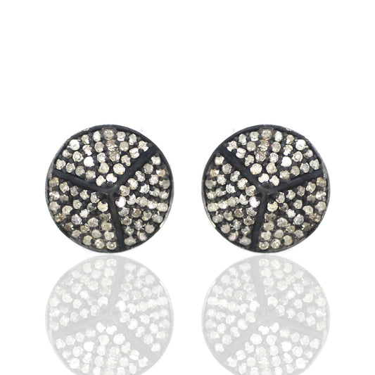 Round Diamond Silver Earring .925 Oxidized Sterling Silver Diamond Earring, Genuine handmade pave diamond Earring Size 0.48"(12 MM )