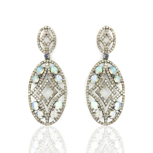 Oval Diamond Silver Earring .925 Oxidized Sterling Silver Diamond Earring, Genuine handmade pave diamond Earring Size 1.76"(17 x 44 MM )