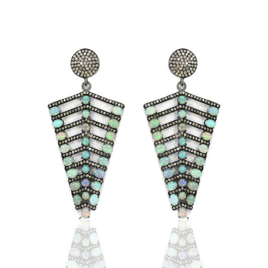 Diamond Silver Earring .925 Oxidized Sterling Silver Diamond Earring, Genuine handmade pave diamond Earring Size 2.16"(54 X 27 MM )