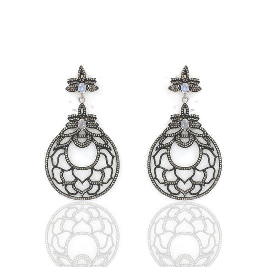 Diamond Silver Earring .925 Oxidized Sterling Silver Diamond Earring, Genuine handmade pave diamond Earring Size 2.60"(65 X 37 MM )