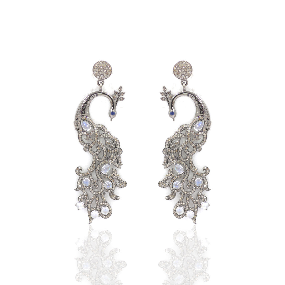 Peacock Shape Diamond Earring .925 Oxidized Sterling Silver Diamond Earring, Genuine handmade pave diamond Earring Size 2.32"(58 X 20 MM )