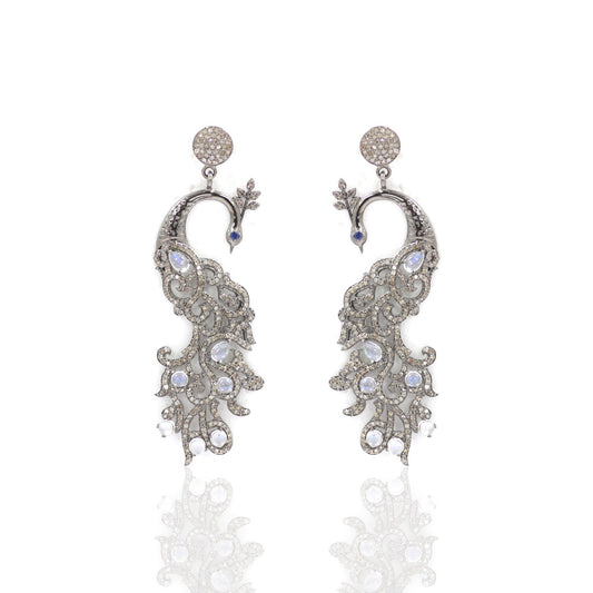 Peacock Shape Diamond Earring .925 Oxidized Sterling Silver Diamond Earring, Genuine handmade pave diamond Earring Size 2.32"(58 X 20 MM )