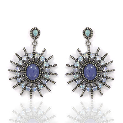 Diamond Silver Earring .925 Oxidized Sterling Silver Diamond Earring, Genuine handmade pave diamond Earring Size 1.76"(44 x 31 MM )