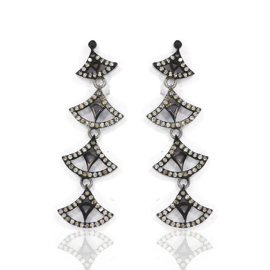 Diamond Silver Earring .925 Oxidized Sterling Silver Diamond Earring, Genuine handmade pave diamond Earring Size 1.68"(42 X 13 MM )