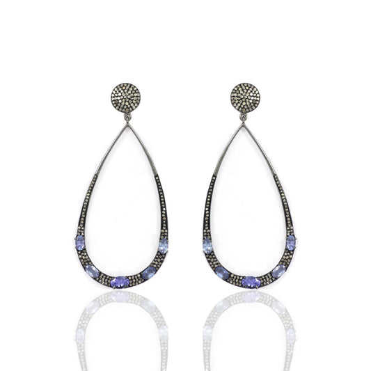 Diamond Silver Earring .925 Oxidized Sterling Silver Diamond Earring, Genuine handmade pave diamond Earring Size 2.20"(55 x 30 MM )
