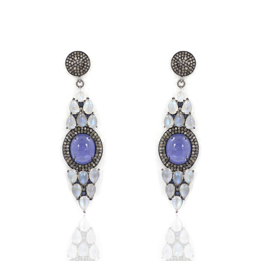 Diamond Silver Earring .925 Oxidized Sterling Silver Diamond Earring, Genuine handmade pave diamond Earring Size 2.12"(53 x 16 MM )