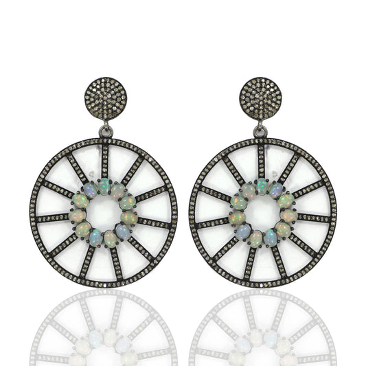 Round Diamond Silver Earring .925 Oxidized Sterling Silver Diamond Earring, Genuine handmade pave diamond Earring Size 1.80"(45 x 35 MM )