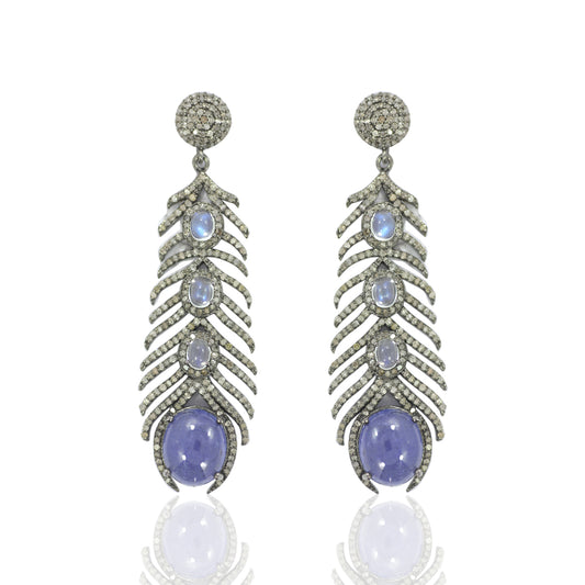 Diamond Art Deco Blue Sapphire & Moonstone Diamond Earring, Pave Diamond Earring,Pave Art Deco Earring, Appx 63 x 16mm