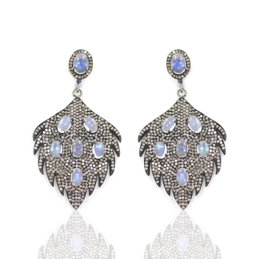 Leaf Diamond Silver Earring .925 Oxidized Sterling Silver Diamond Earring, Genuine handmade pave diamond Earring Size 2.16"(54 X 30 MM )