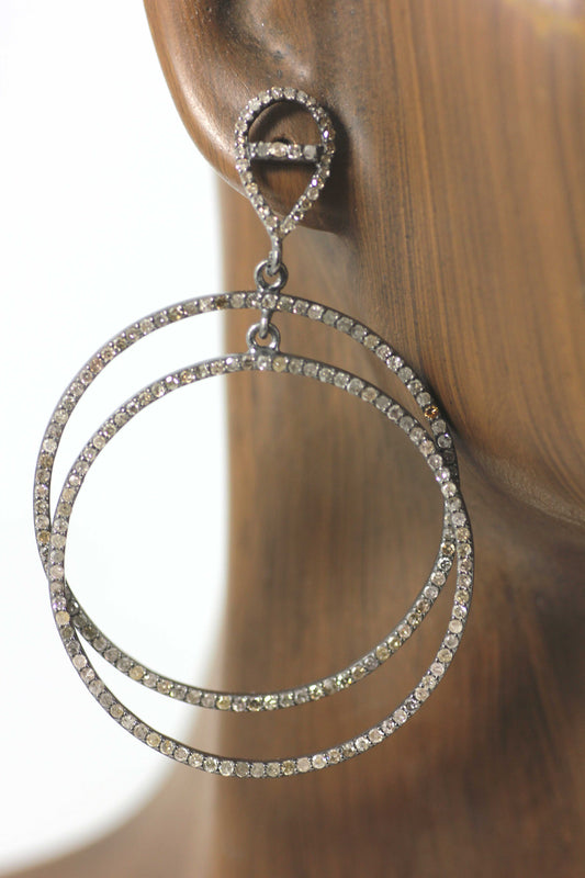 Round Diamond Silver Earring .925 Oxidized Sterling Silver Diamond Earring, Genuine handmade pave diamond Earring.