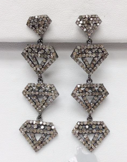 Diamond Shape Diamond Silver Earring .925 Oxidized Silver Diamond Earring, Genuine handmade pave diamond Earring Size 2.00"(15 x 50 MM )