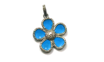 Enamel Flower Shaped Diamond Pendant .925 Oxidized Sterling Silver Diamond Pendant, Genuine handmade pave diamond Charm Size 23 MM