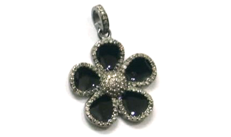 Enamel Flower Shaped Diamond Pendant .925 Oxidized Sterling Silver Diamond Pendant, Genuine handmade pave diamond Charm Size 23 MM