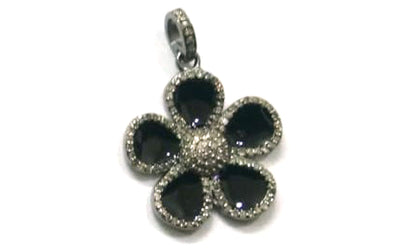 Enamel Flower Shaped Diamond Pendant .925 Oxidized Sterling Silver Diamond Pendant, Genuine handmade pave diamond Charm Size 23 MM
