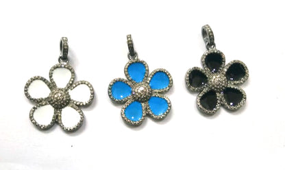 Enamel Flower Shaped Diamond Pendant .925 Oxidized Sterling Silver Diamond Pendant, Genuine handmade pave diamond Charm Size 23 MM