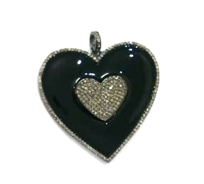 Enamel Heart Shape Diamond Pendant .925 Oxidized Sterling Silver Diamond Pendant, Genuine handmade pave diamond Charm Size 55 MM