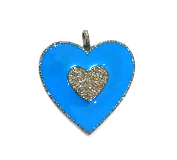 Enamel Heart Shape Diamond Pendant .925 Oxidized Sterling Silver Diamond Pendant, Genuine handmade pave diamond Charm Size 55 MM
